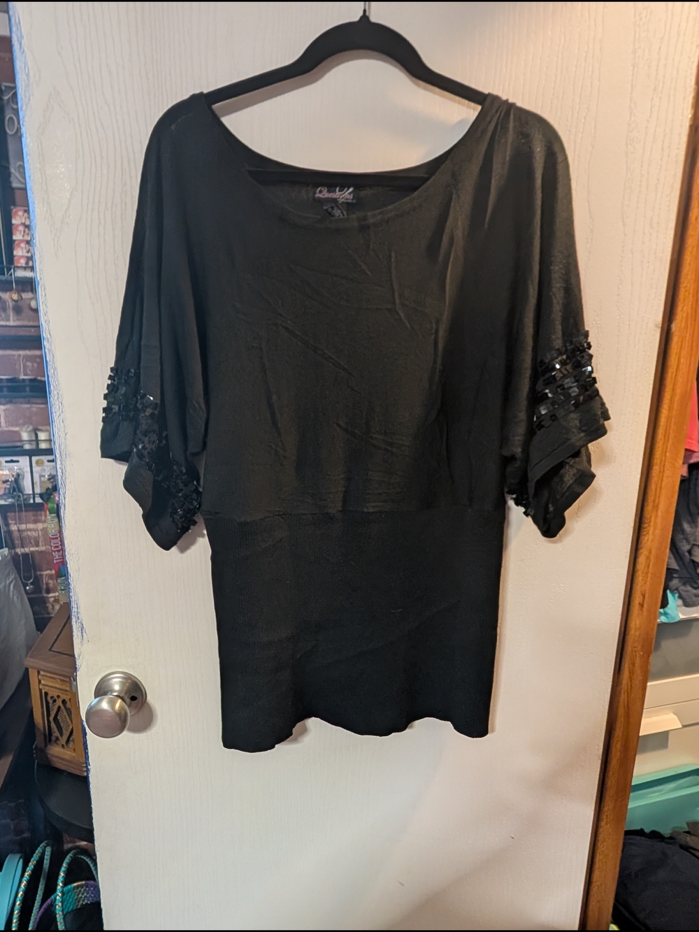 Black Sequin-Sleeve Women's Tunic Top